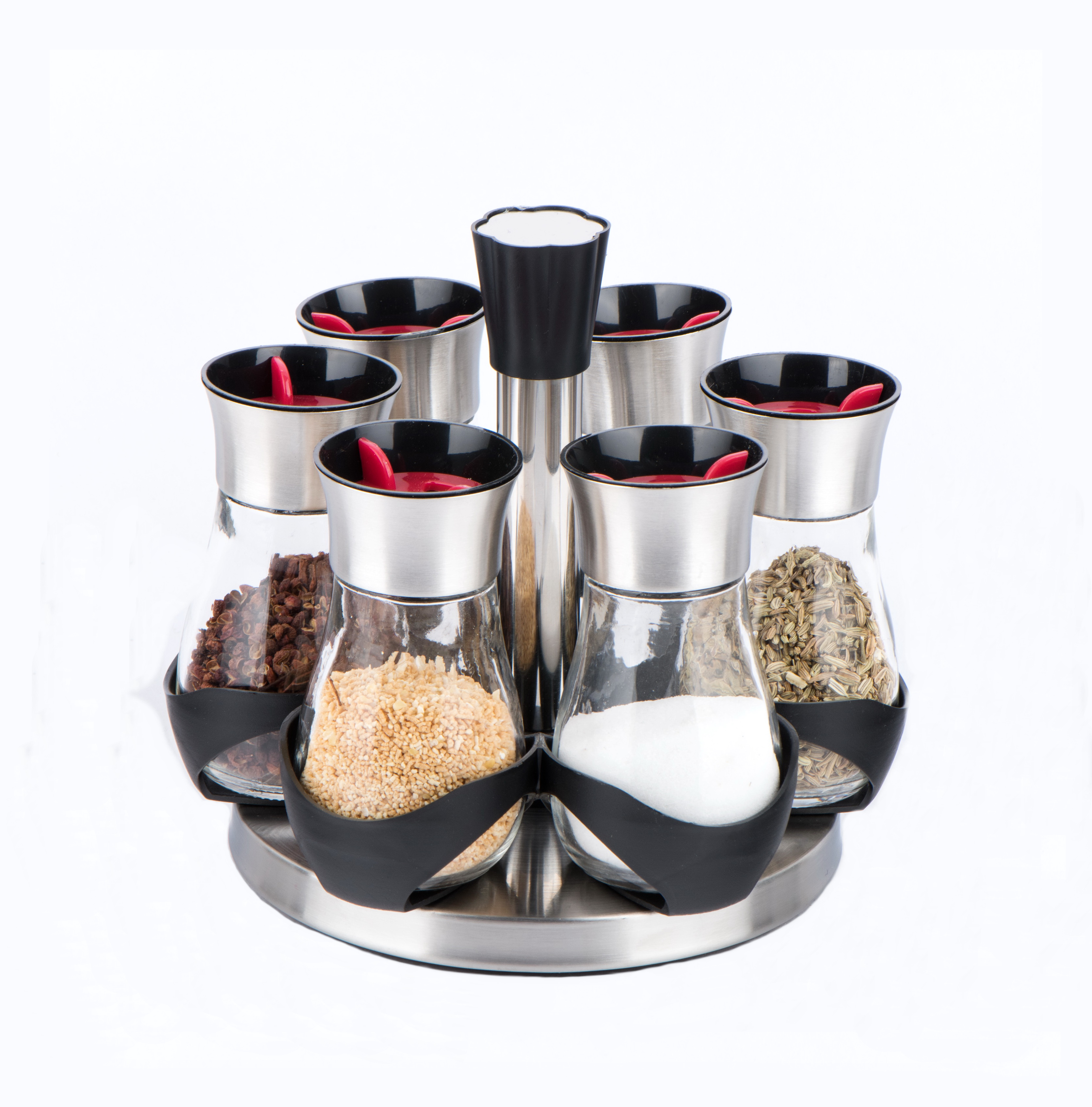 TW947T4 6pcs glass spice jar set with stainless steel lid and plastic revolving rack