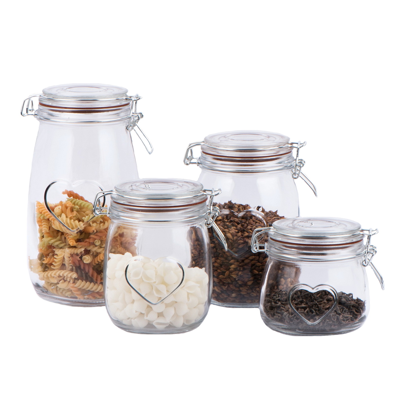 Glass food storage jar with metal clip and embossed heart design