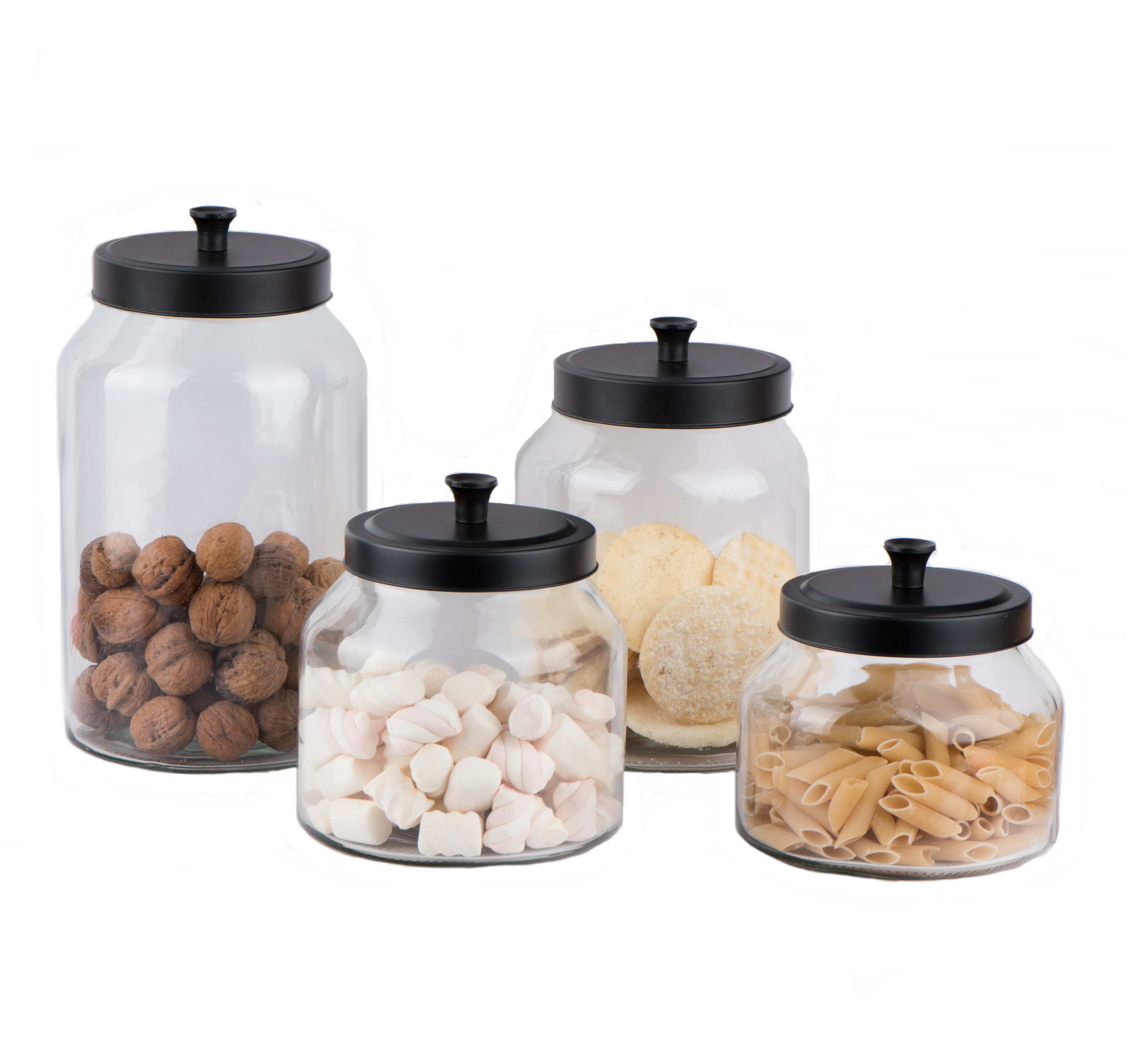 Wide mouth round glass cookie jar with black metal lid