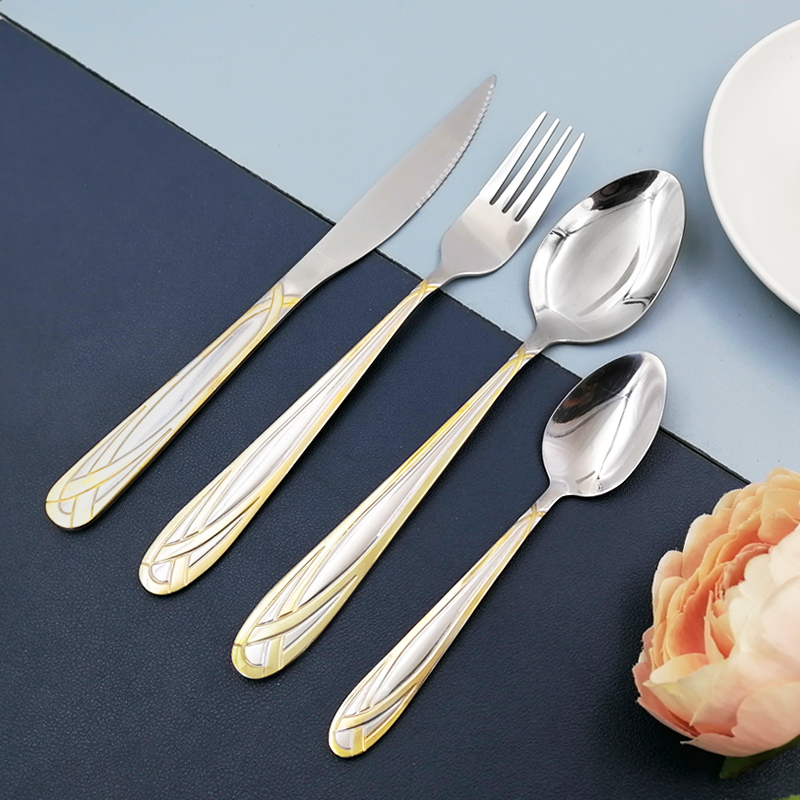New design Gold plating spoon fork teaspoon 4 pc set of stainless steel