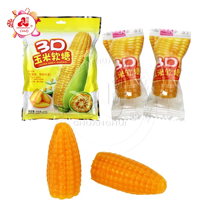 Sweet corn flavor 3D Corn shape soft gummy candy in bag