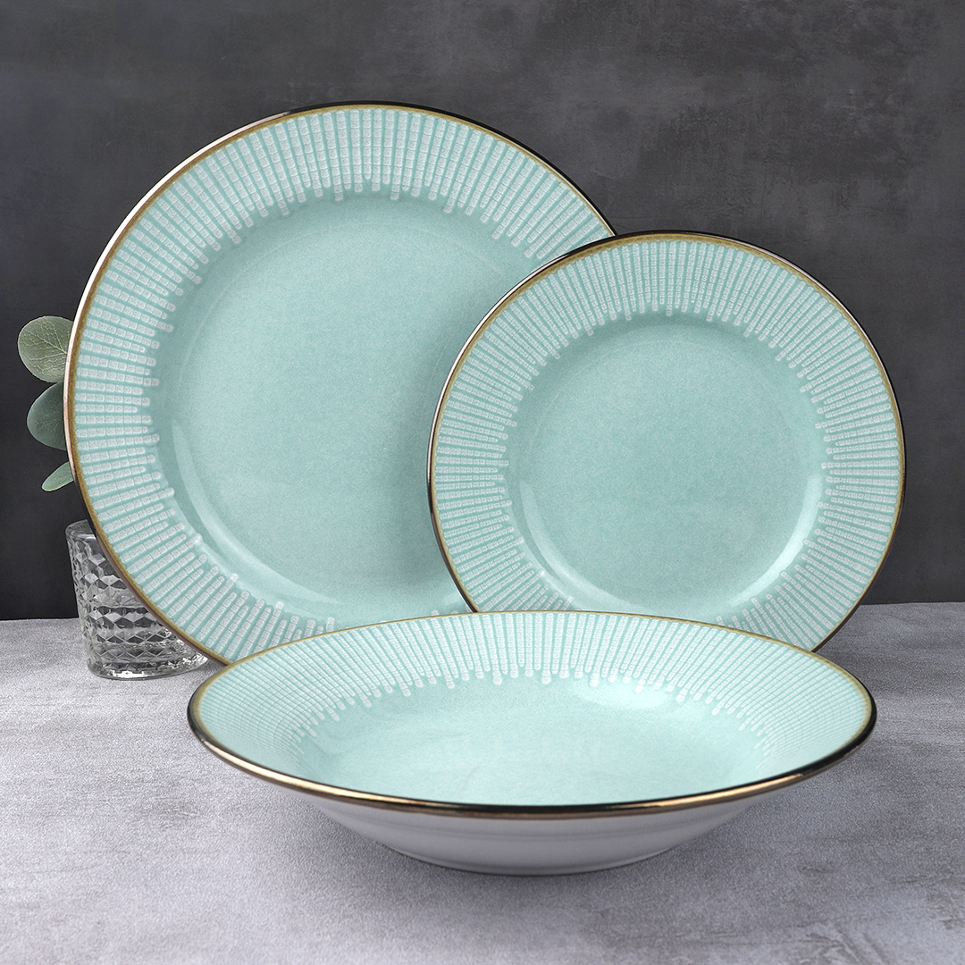 18 pc gold rim embossed stoneware set