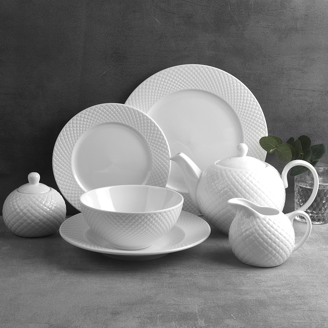 New bone china white embossed dinnerware set