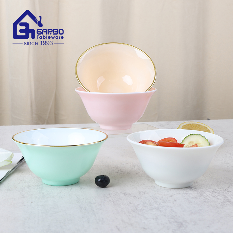 Factory hot selling 4.5 inch opal glass rice bowl with spray color and gold rim tableware