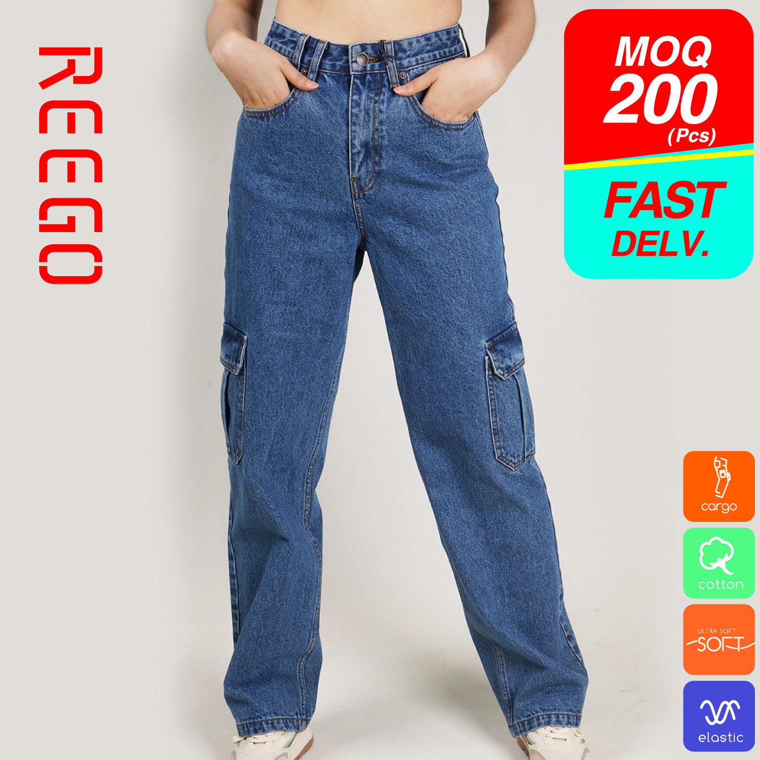 Women Low Waist Blue Vintage Cargo Jeans Inww23303