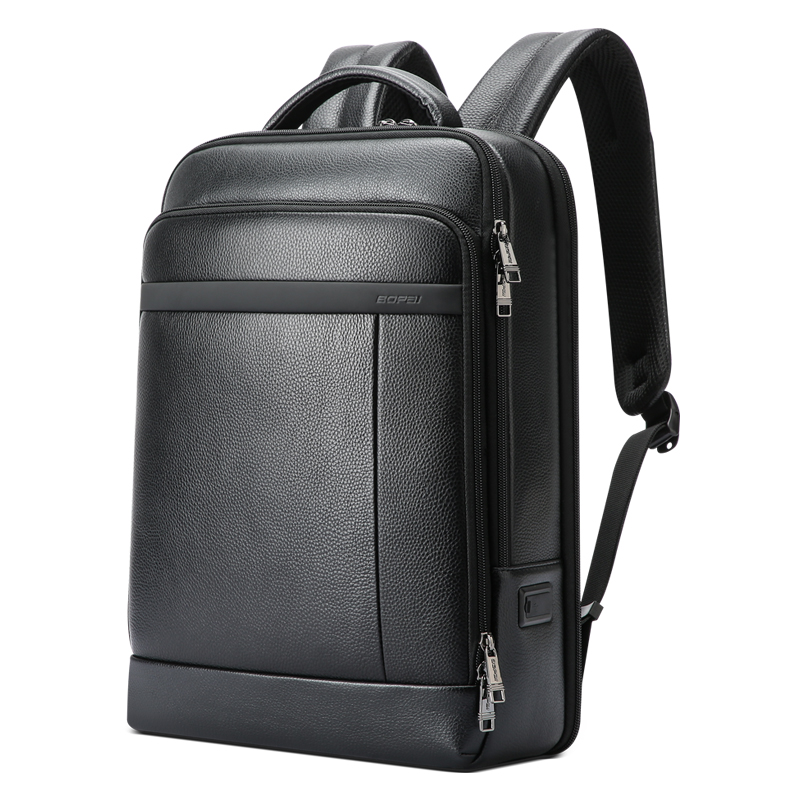 Bopai BSCI OEM business men travel cowhide 15.6 usb charging luxury genuine leather laptop backpack