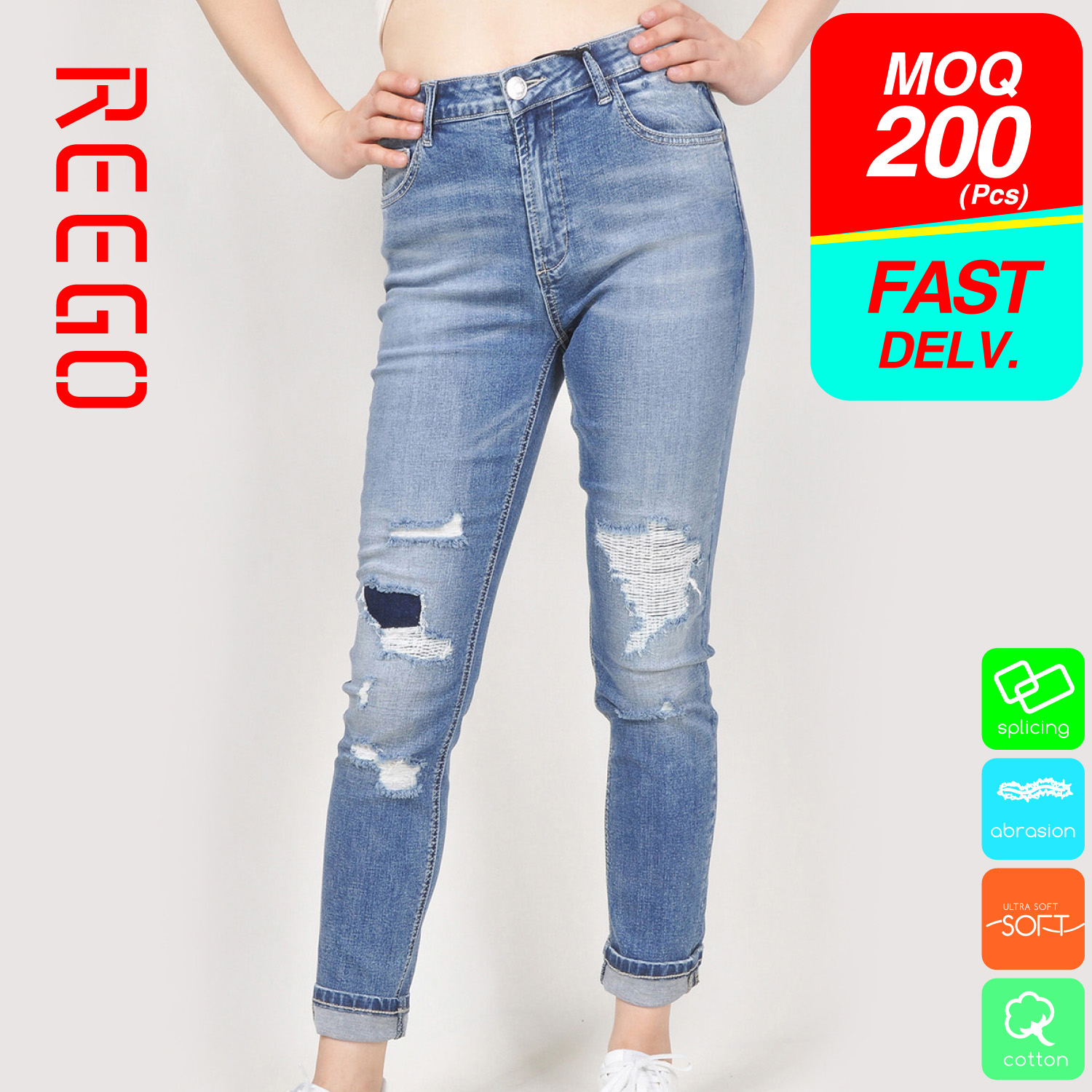 Women Low Waist Blue Cropped Slim Ripped Jeans Ss23-D-03-1a