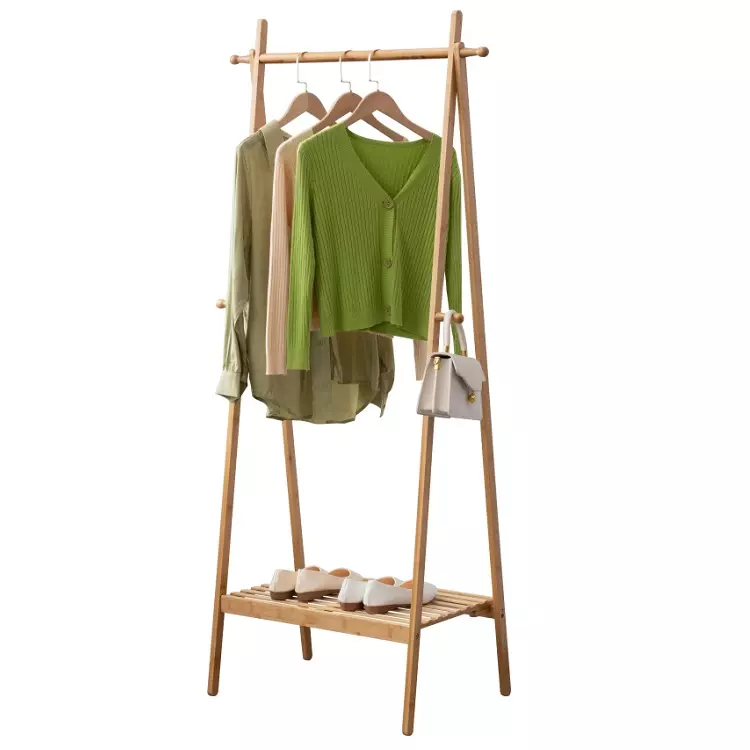 Bamboo Clothing Coat Clothes Rack with Hooks, Coat Hanger Stand with shoe rack