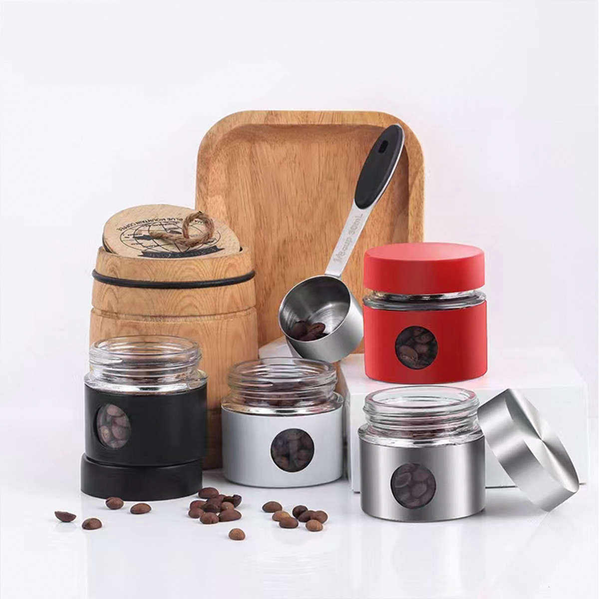 Glass Coffee Bean Container Coffee Packing Glass Jar Stainless Steel Sealed With Cup Spoon