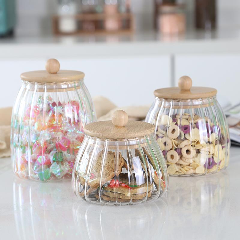 borosilicate glass canister with bamboo lid， glass jar， glass canister