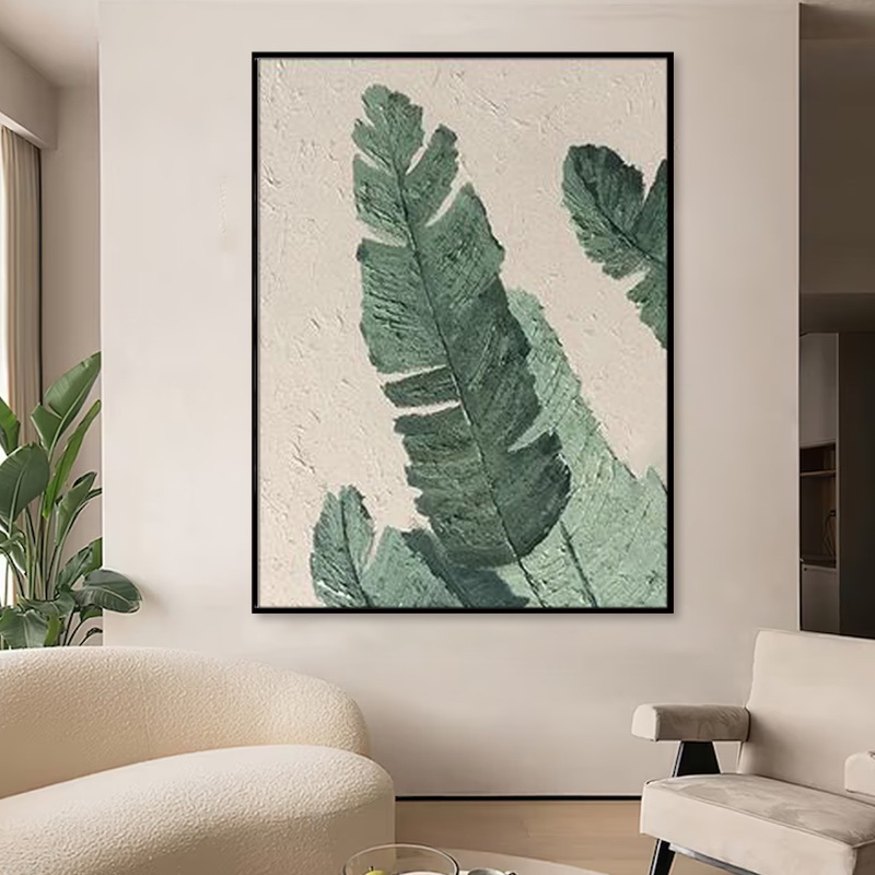 Popular Design Green Leaves Home Decor Wall art Painting Texture Handpainted Floating Framed Art