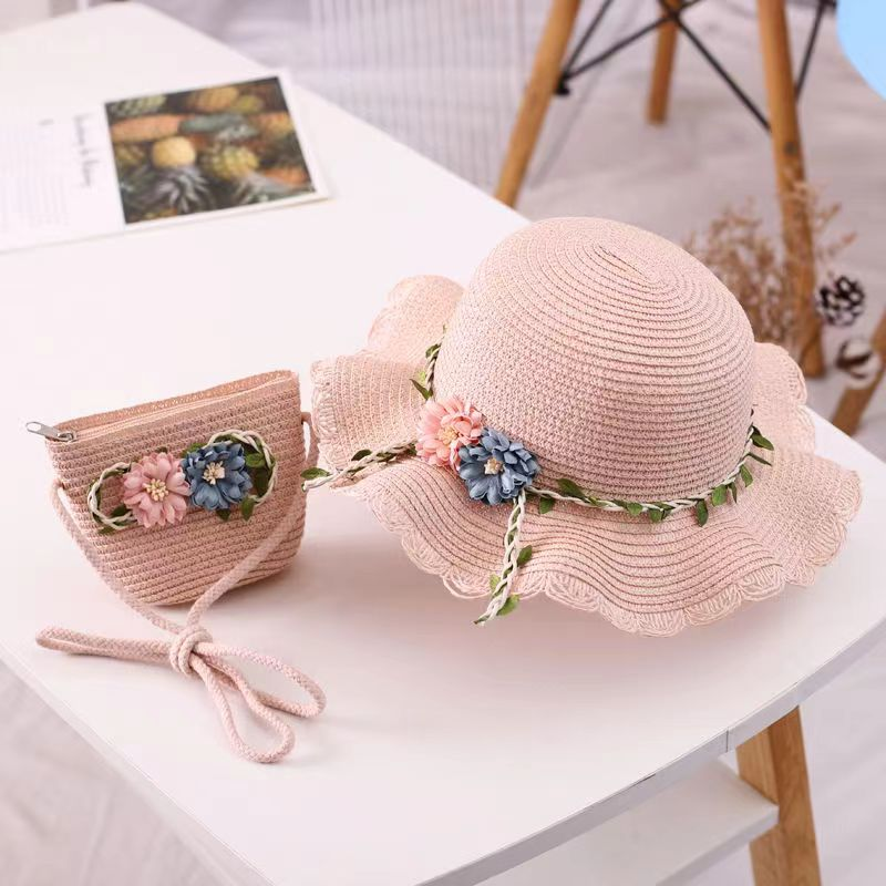 Children summer straw bags and hats sets.