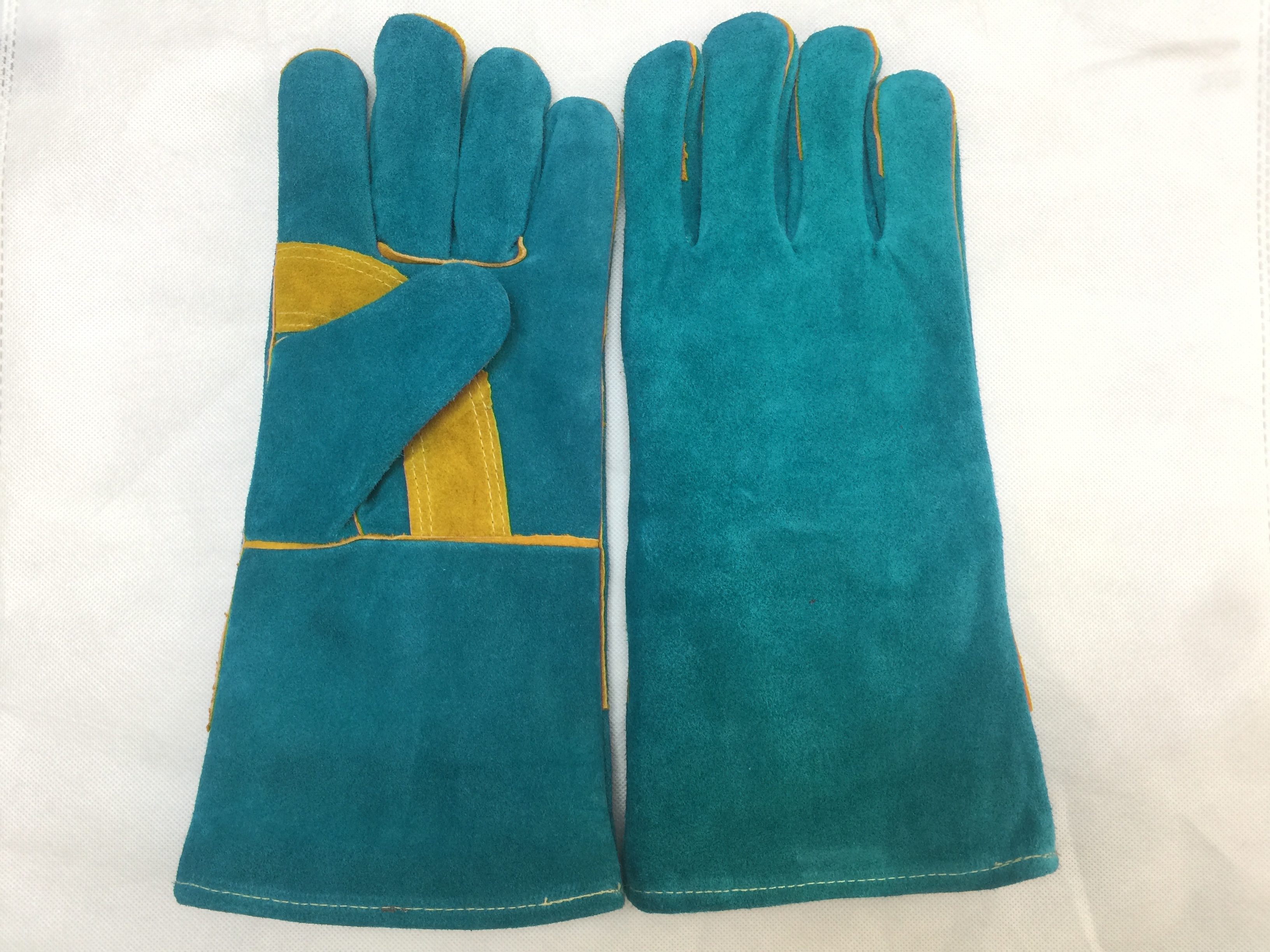 14”green high quality welding leather protecting hand gloves