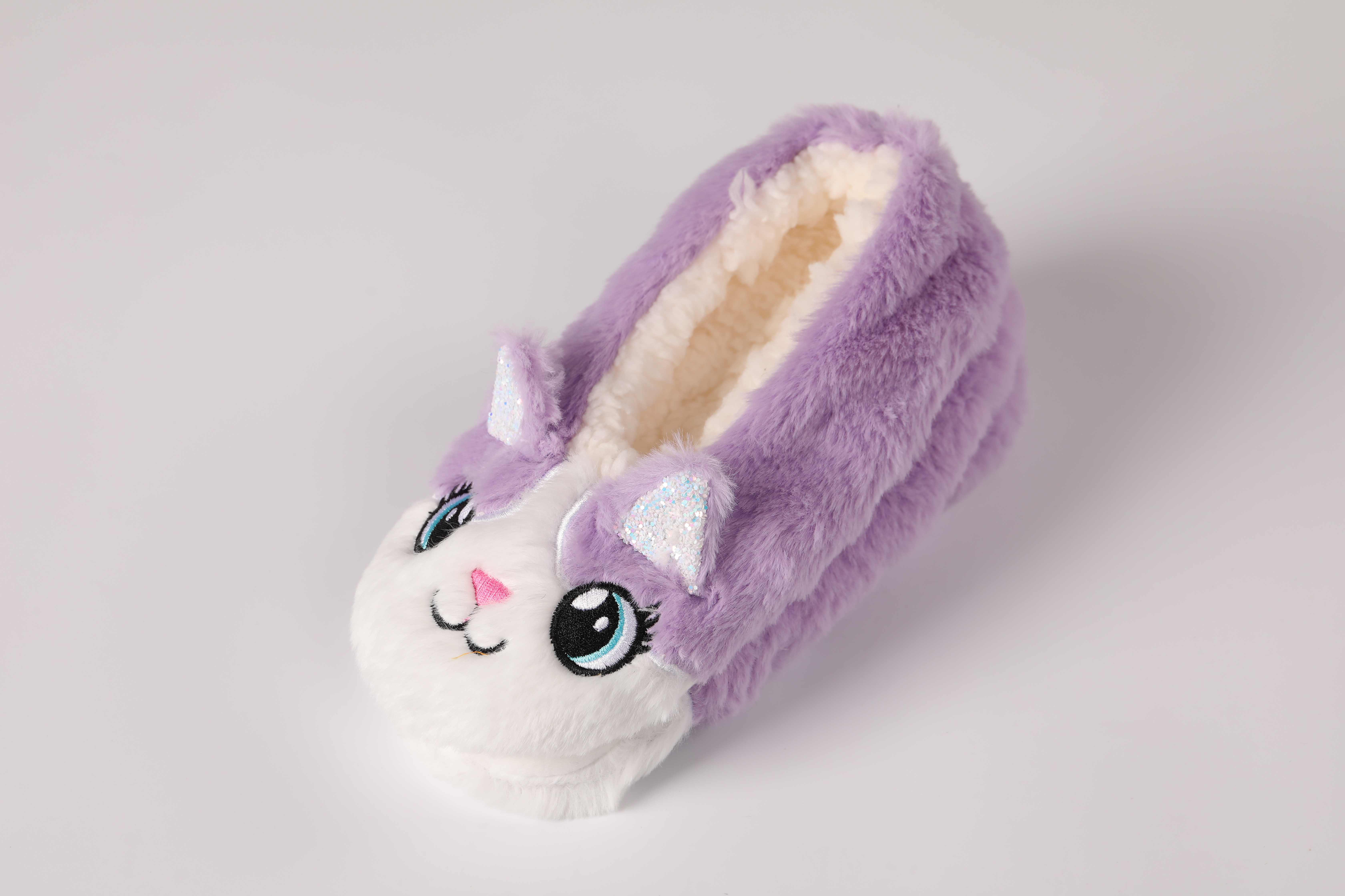 Cute big eye cat with 3D glitter ear faux fur comfortable kids teenager indoor room house slippers