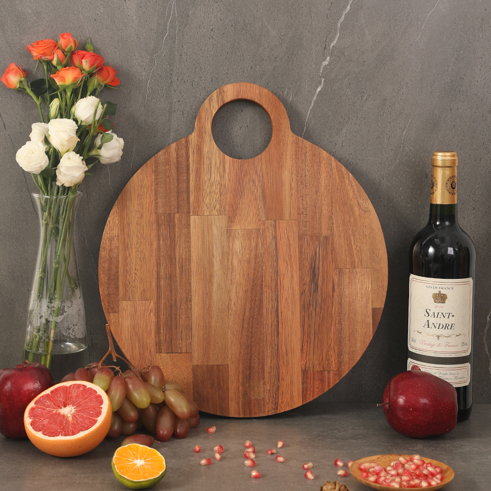 acacia wood round cutting board with hole