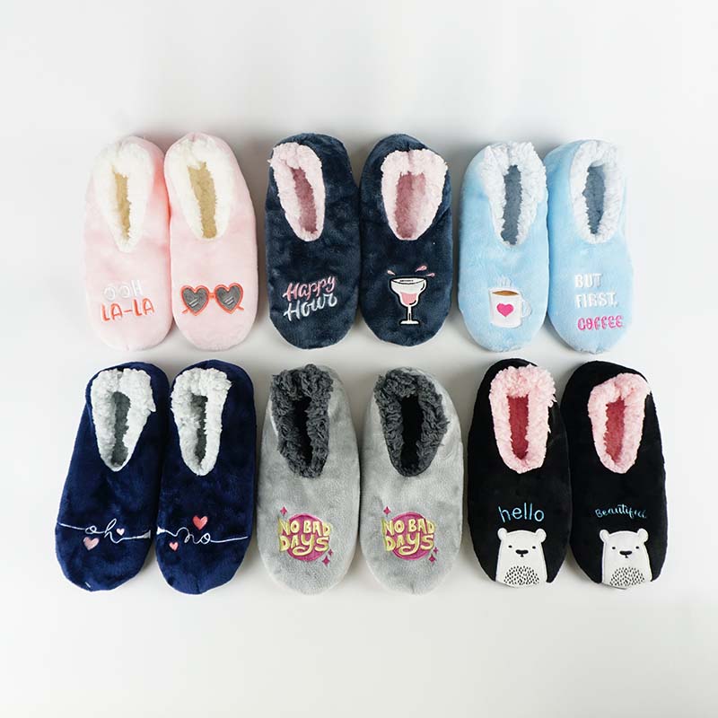 Embroidery mismatch flannel soft sherpa lining anti-slip womens lady house indoor room slippers