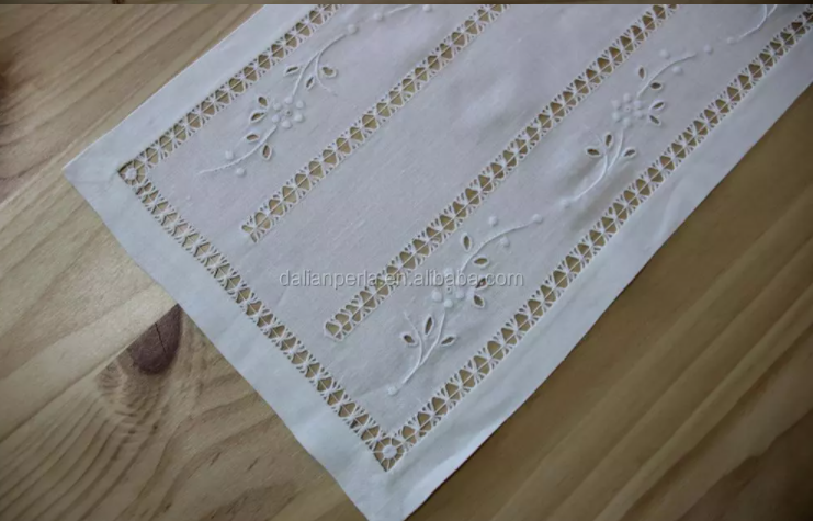 High Quality Low Price Hand Embroidery Hemstitch Linen Table Runner