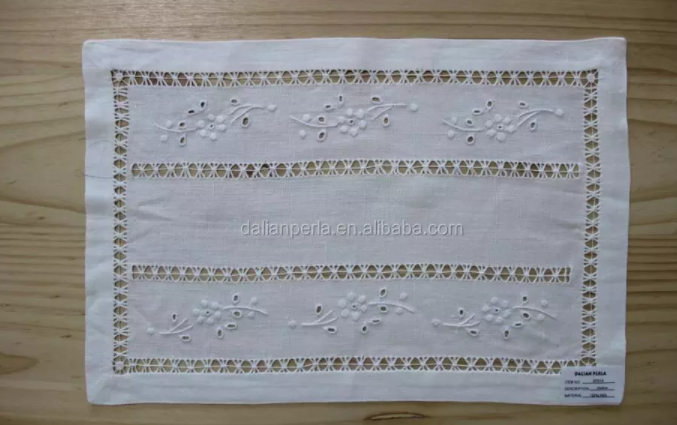 White Hand Embroidery Hemstitch Linen Table Placemat