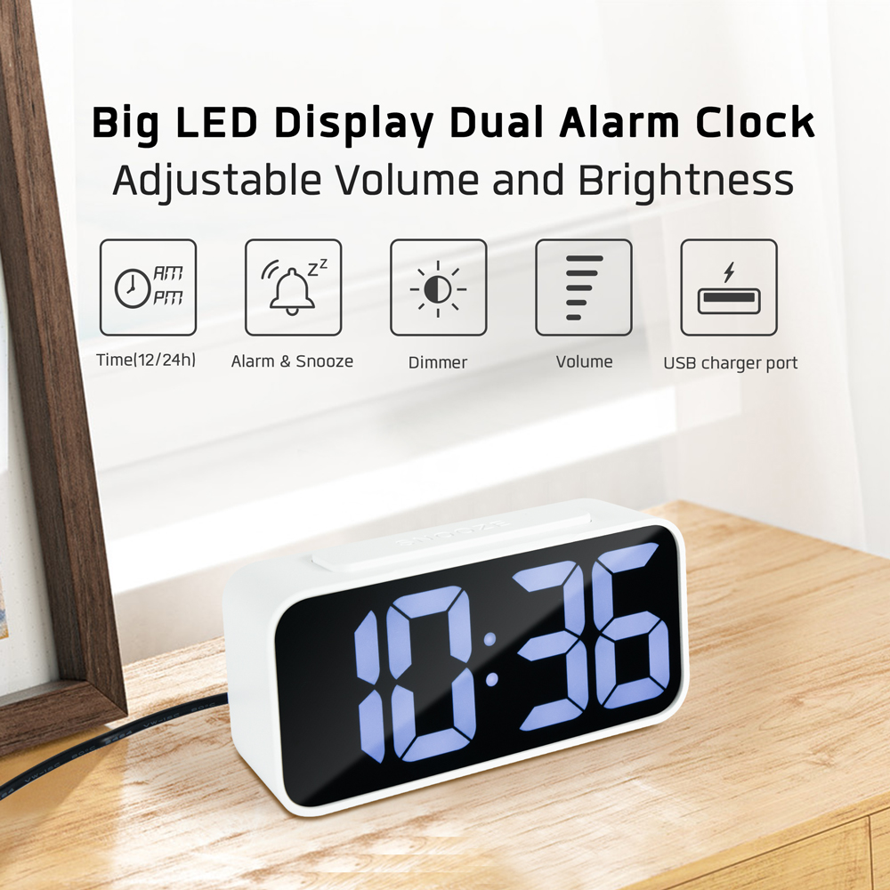 Easy Setting Dual Alarm Smart Light Large Mirror LED Digital Table Alarm Clock