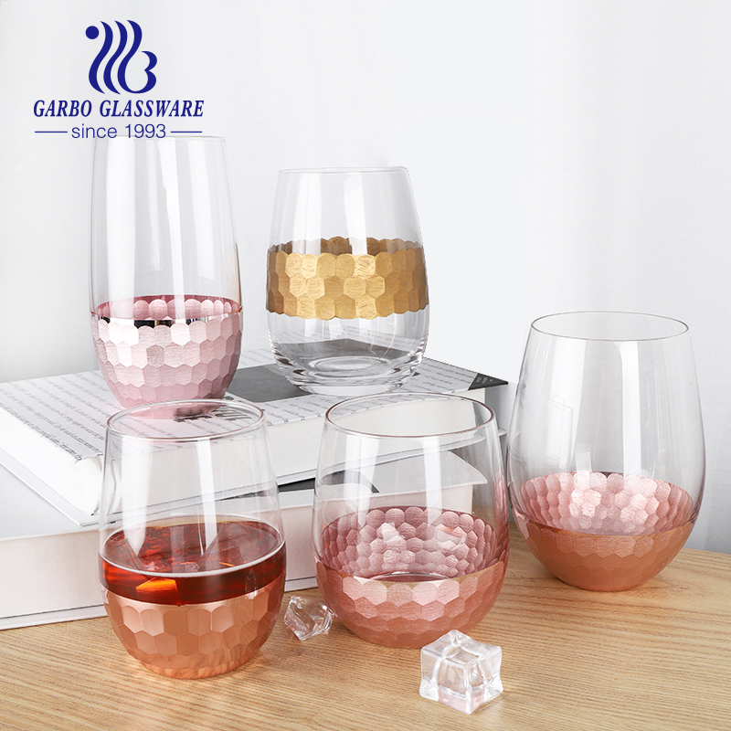 13.5oz bottle bottom pink electroplating engraved honeycomb design high egg grid high ball glass