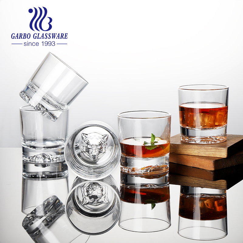 Garbo Hot Sale Machine Made 300ml Whiskey Glass with Tiger in the Bottom
