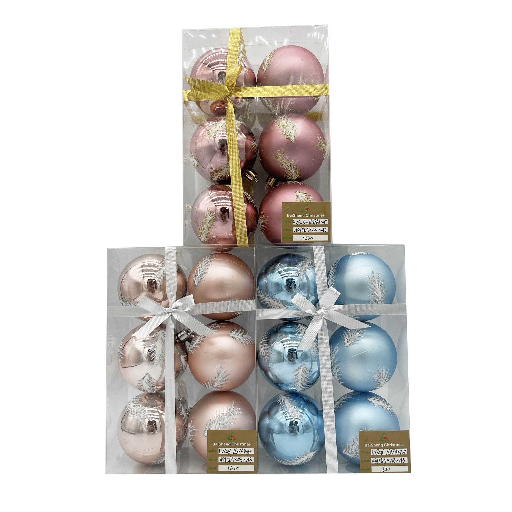 7cm Painted Christmas Balls, 6pcs In PVC Box With Ribbon