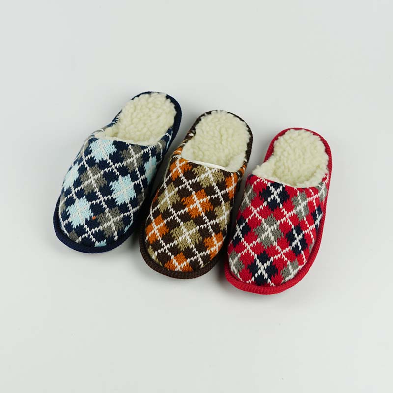 Classical british style knitted grid fabric sherpa lining womens ladies indoor room house slippers