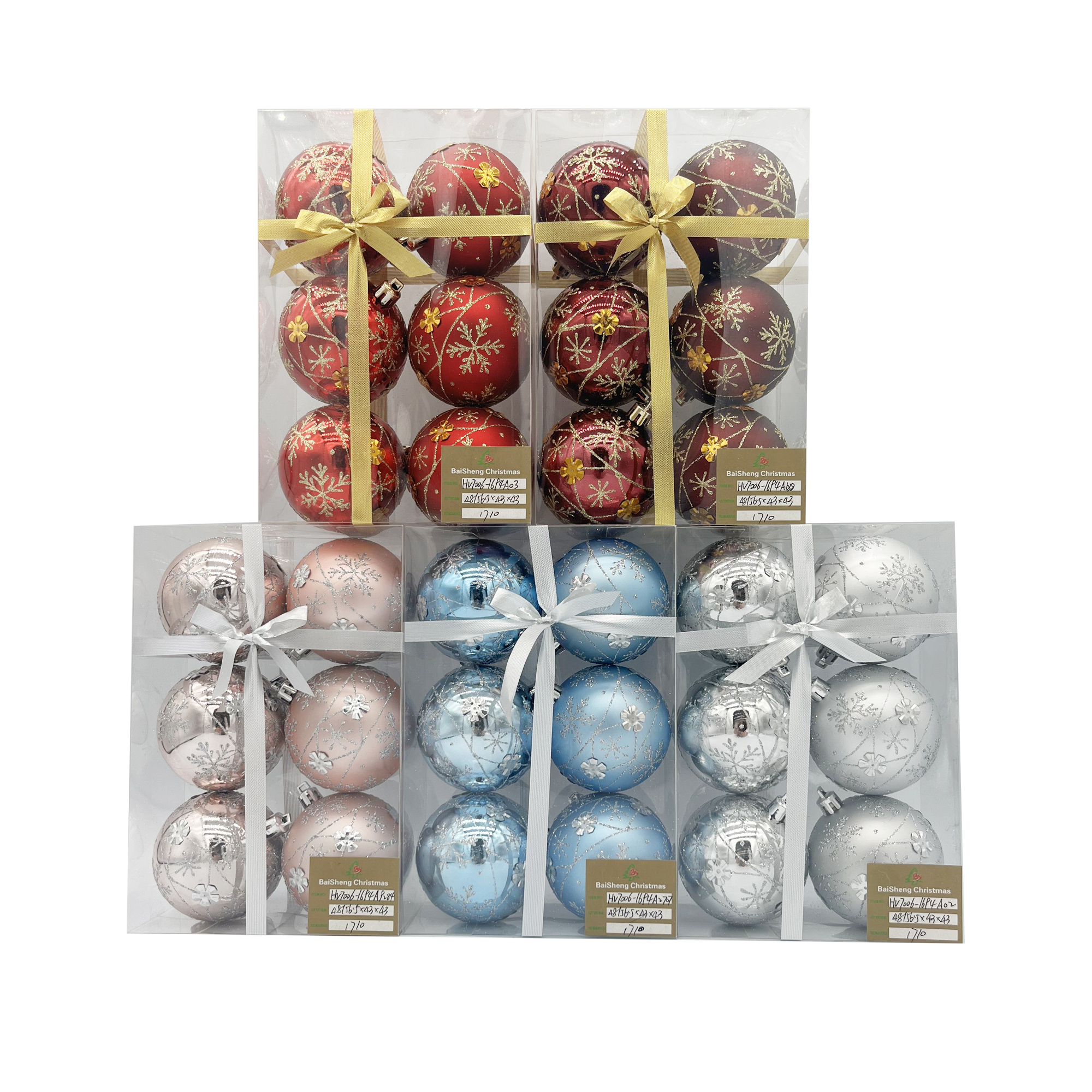 7cm Painted Christmas Balls, 6pcs In PVC Box With Ribbon