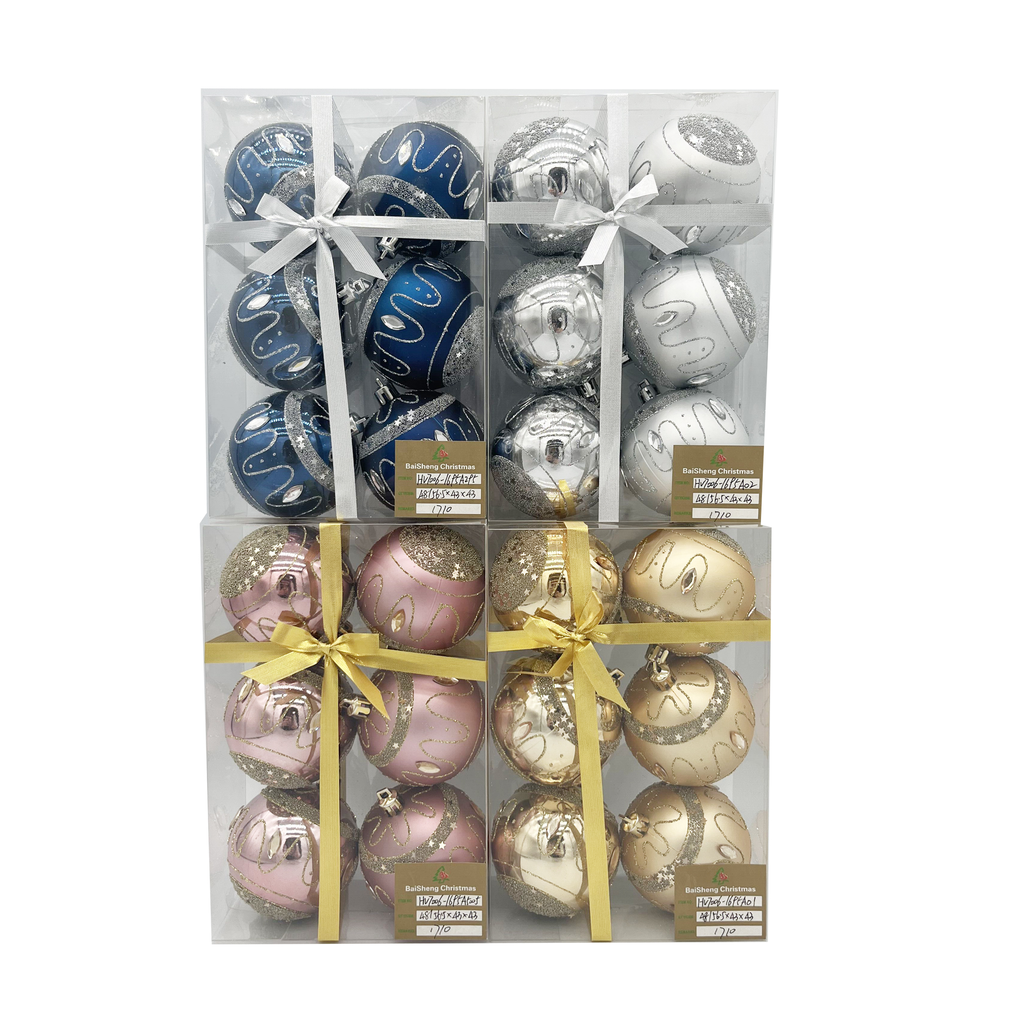 7cm Painted Christmas Balls, 6pcs In PVC Box With Ribbon