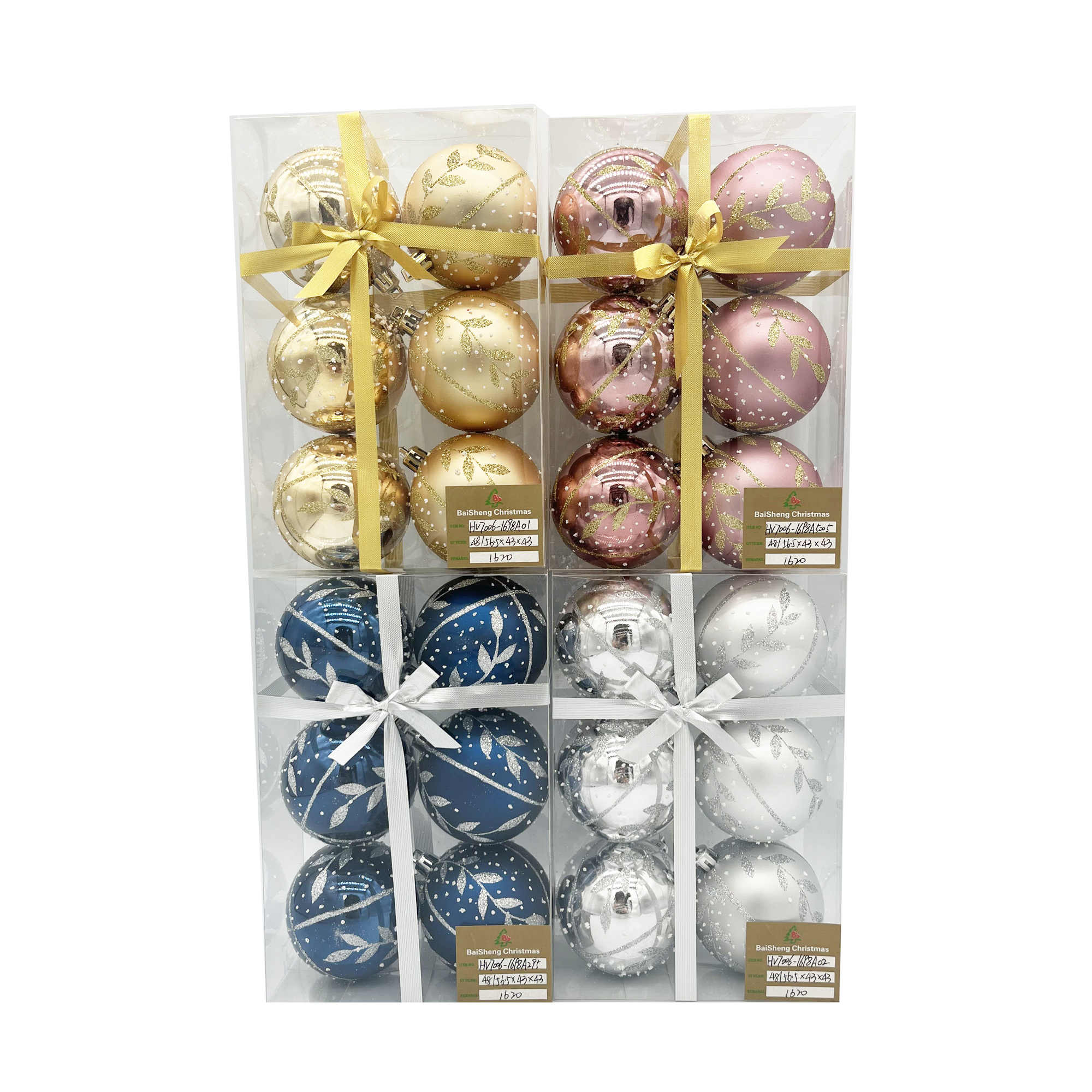 7cm Painted Christmas Balls, 6pcs In PVC Box With Ribbon