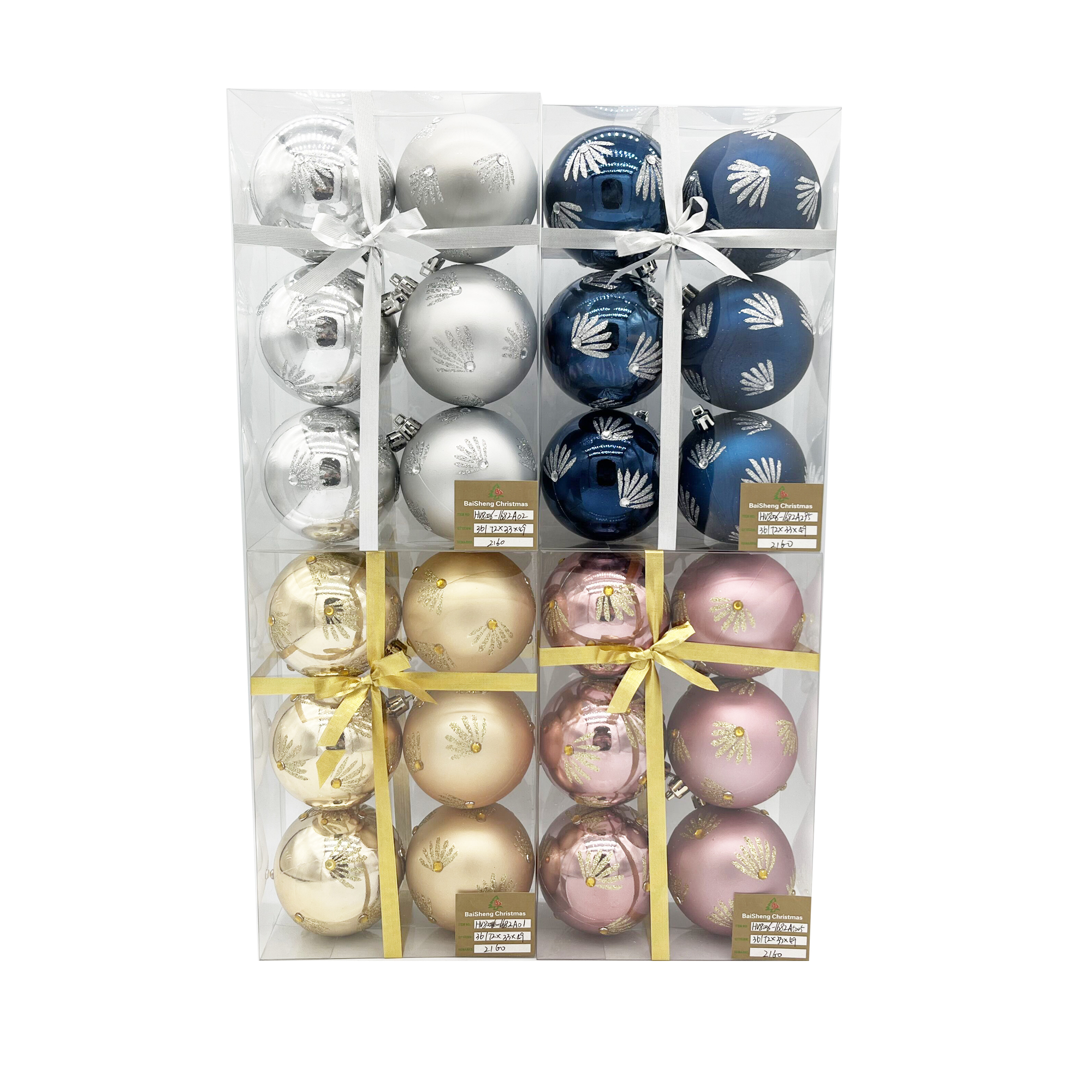 8cm Painted Christmas Balls, 6pcs In PVC Box With Ribbon