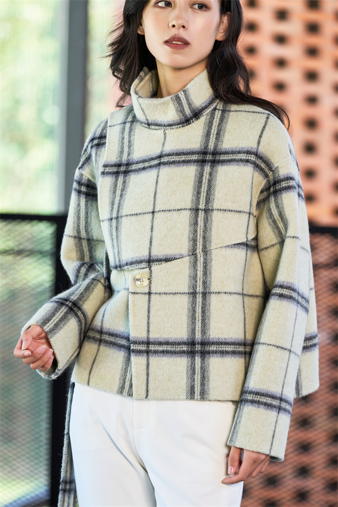 Green plaid woolen coat with stand collar
