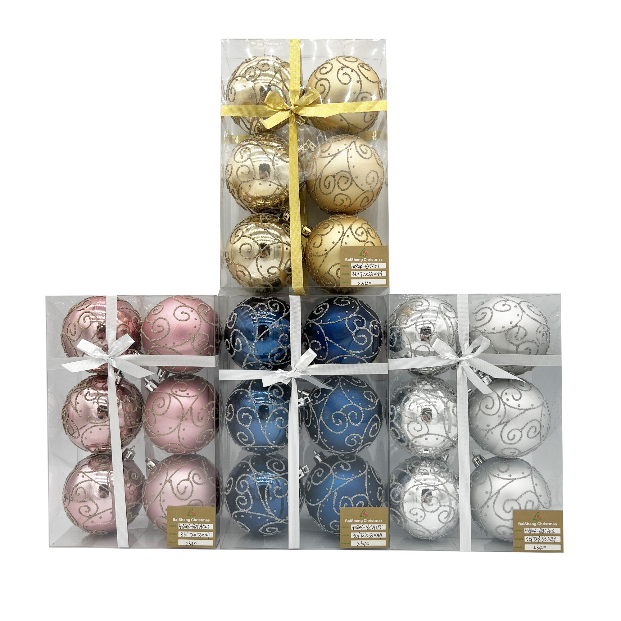 8cm Painted Christmas Balls, 6pcs In PVC Box With Ribbon