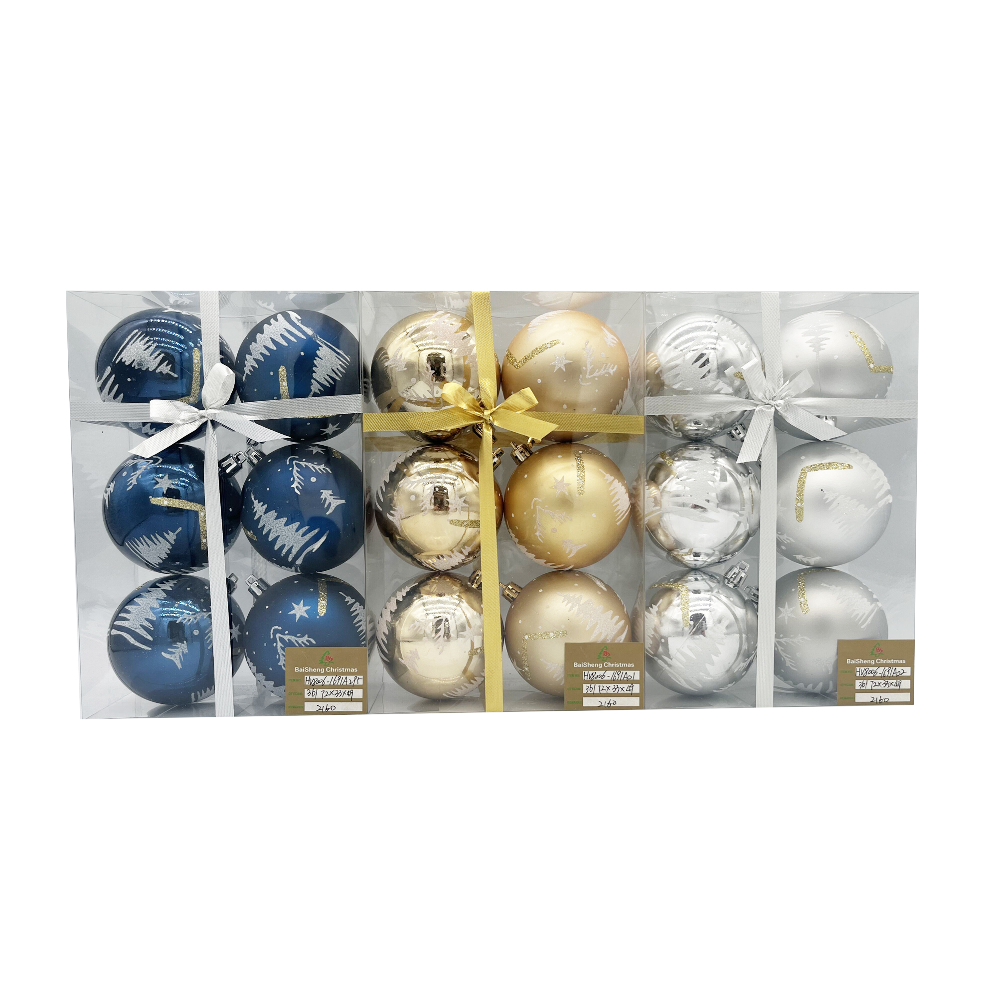 8cm Painted Christmas Balls, 6pcs In PVC Box With Ribbon