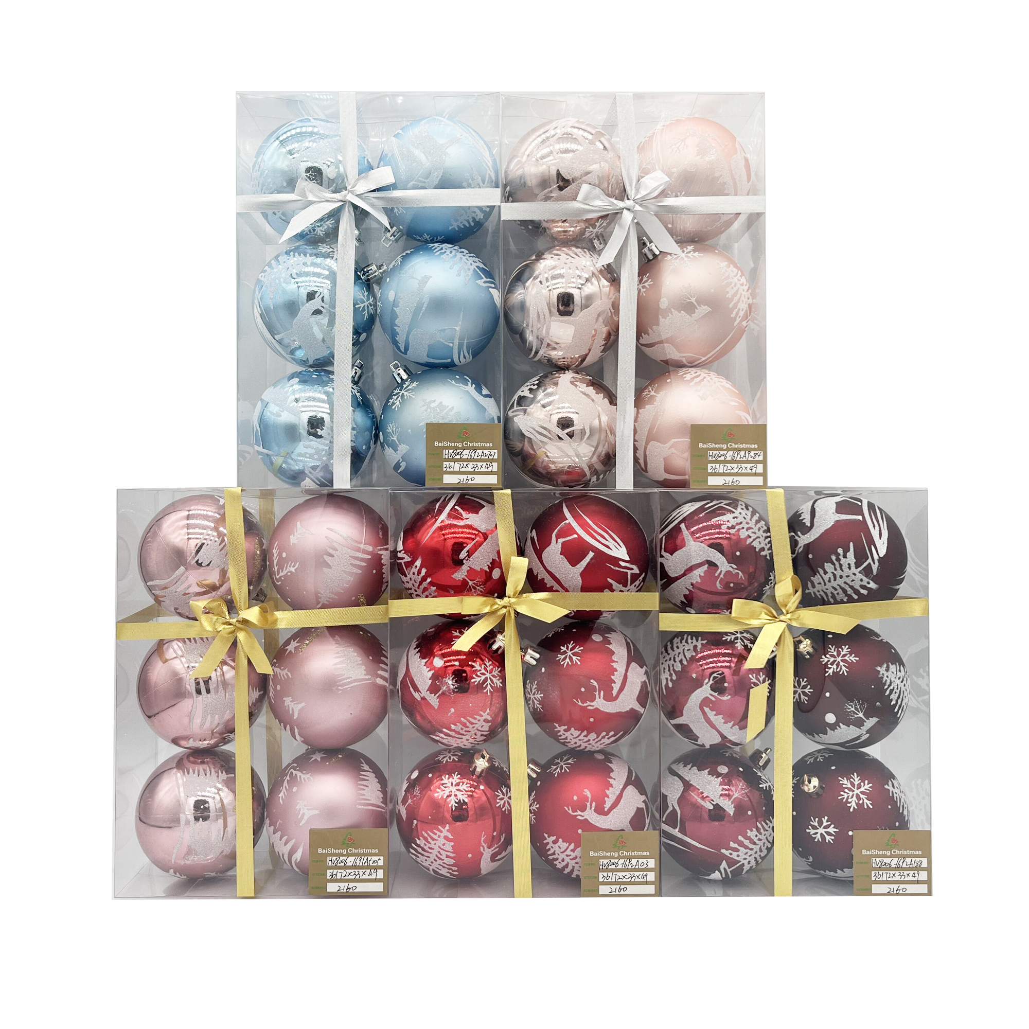 8cm Painted Christmas Balls, 6pcs In PVC Box With Ribbon