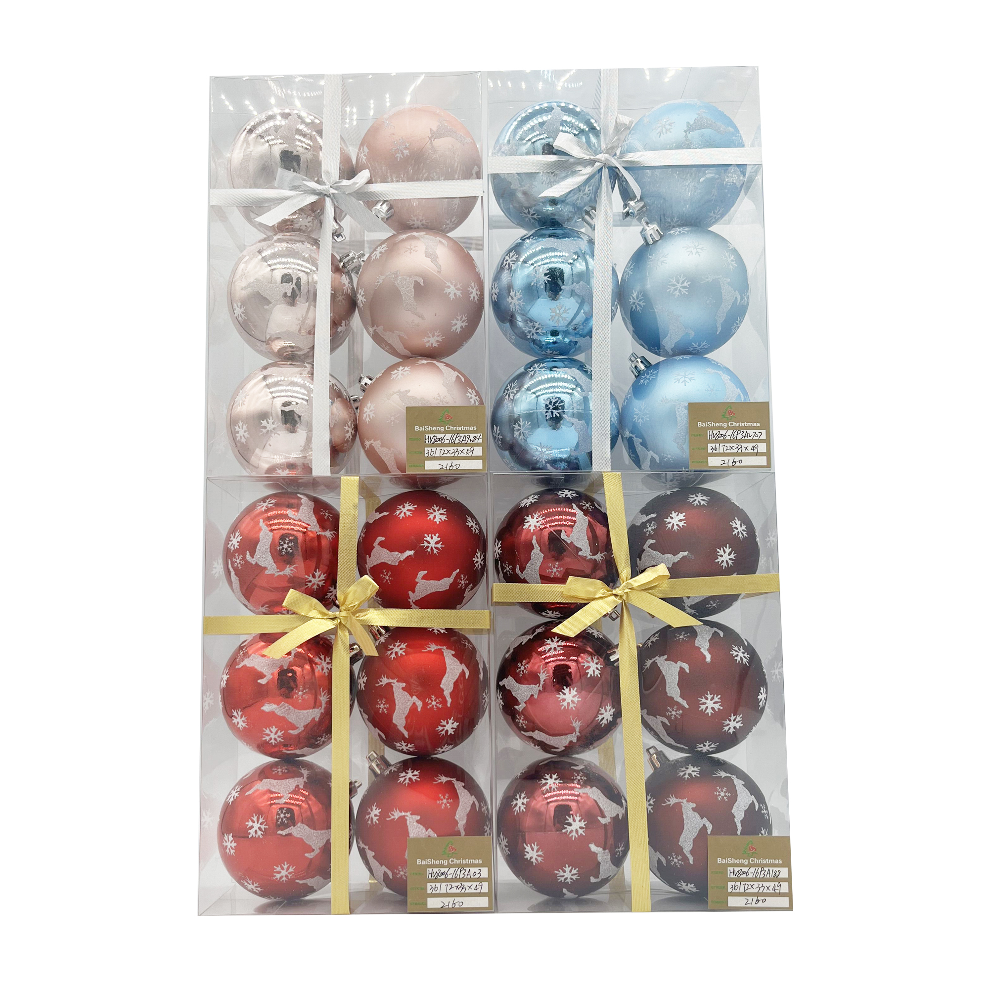 8cm Painted Christmas Balls, 6pcs In PVC Box With Ribbon