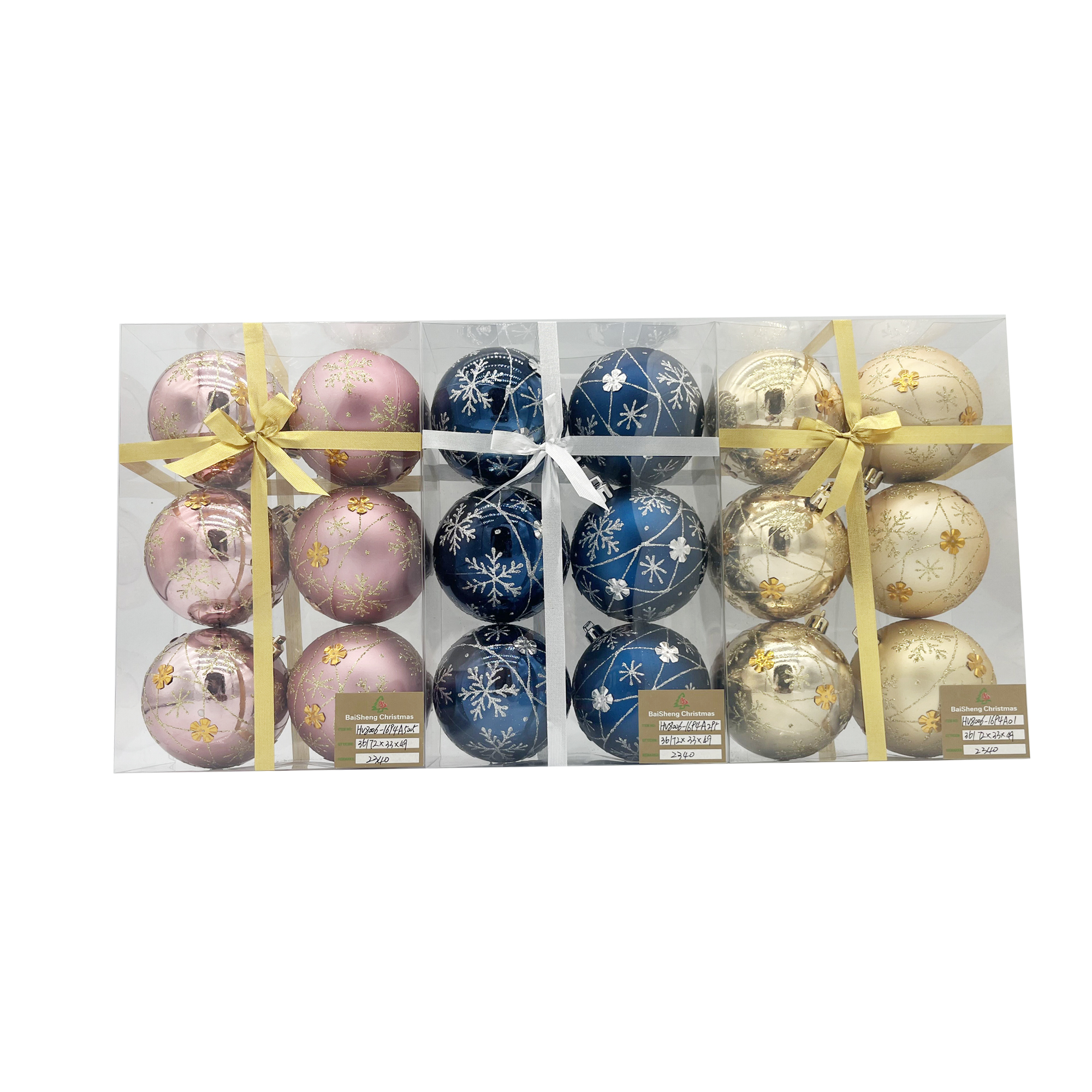 8cm Painted Christmas Balls, 6pcs In PVC Box With Ribbon