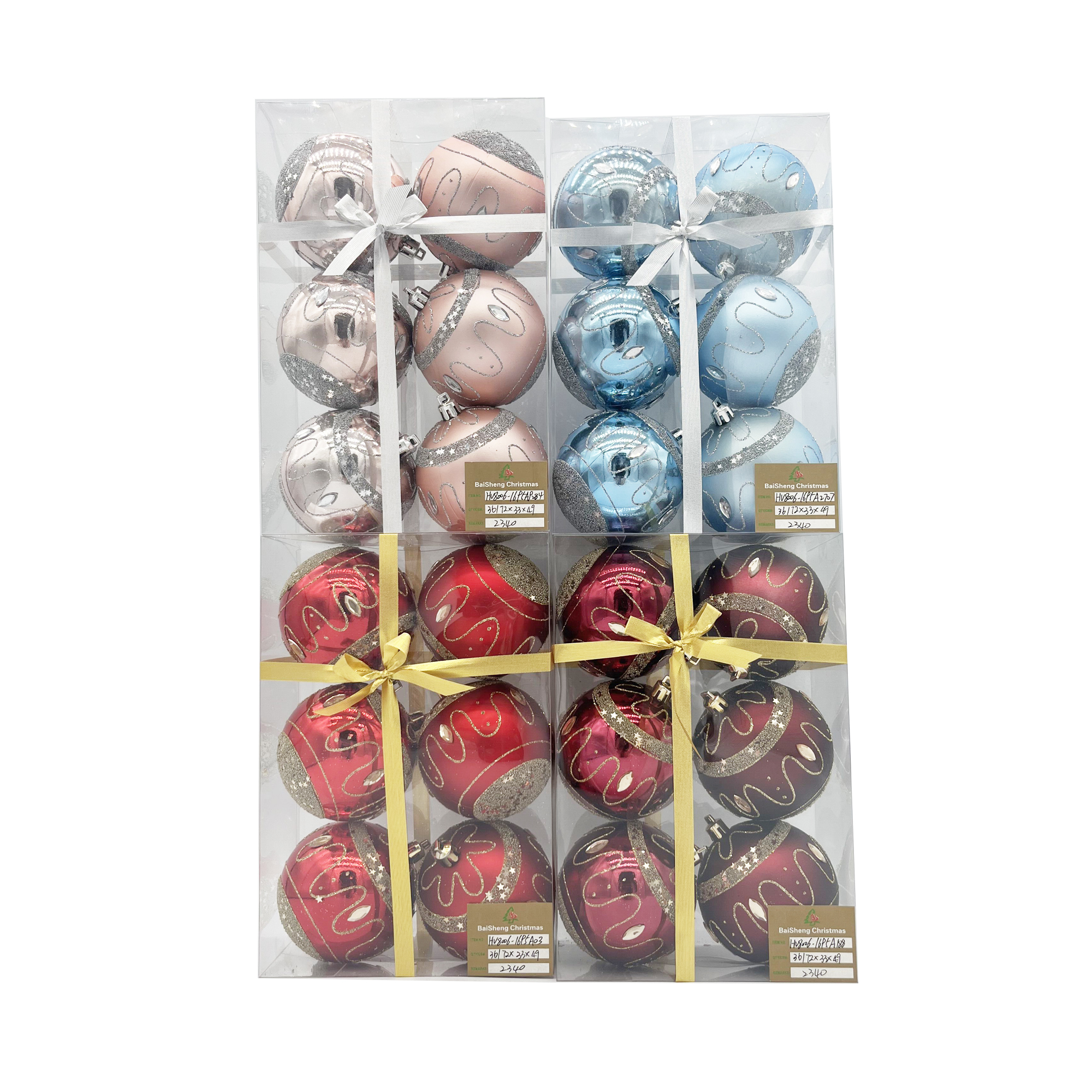 8cm Painted Christmas Balls, 6pcs In PVC Box With Ribbon