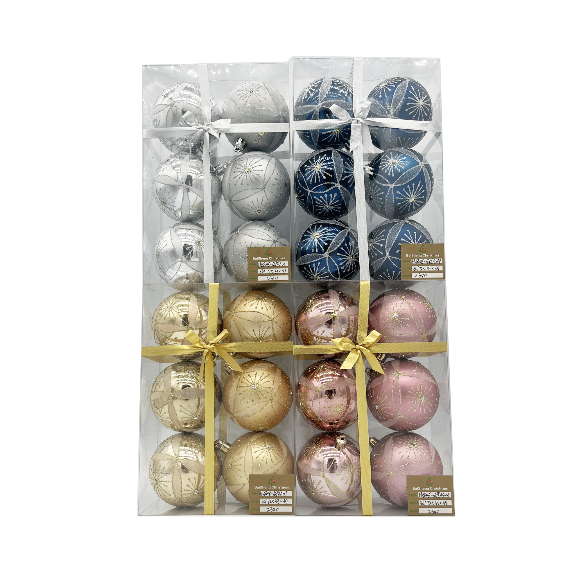 8cm Painted Christmas Balls, 6pcs In PVC Box With Ribbon