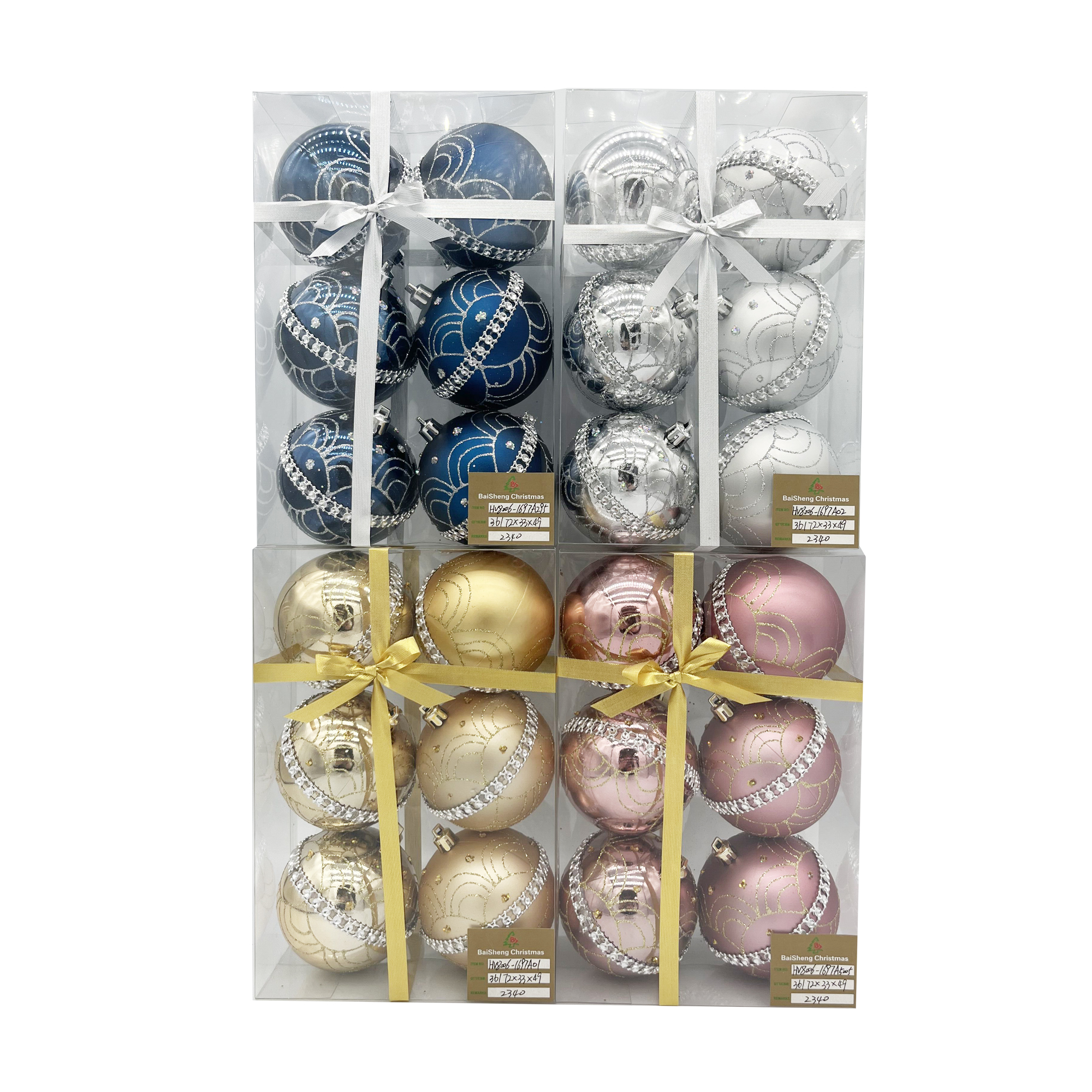 8cm Painted Christmas Balls, 6pcs In PVC Box With Ribbon
