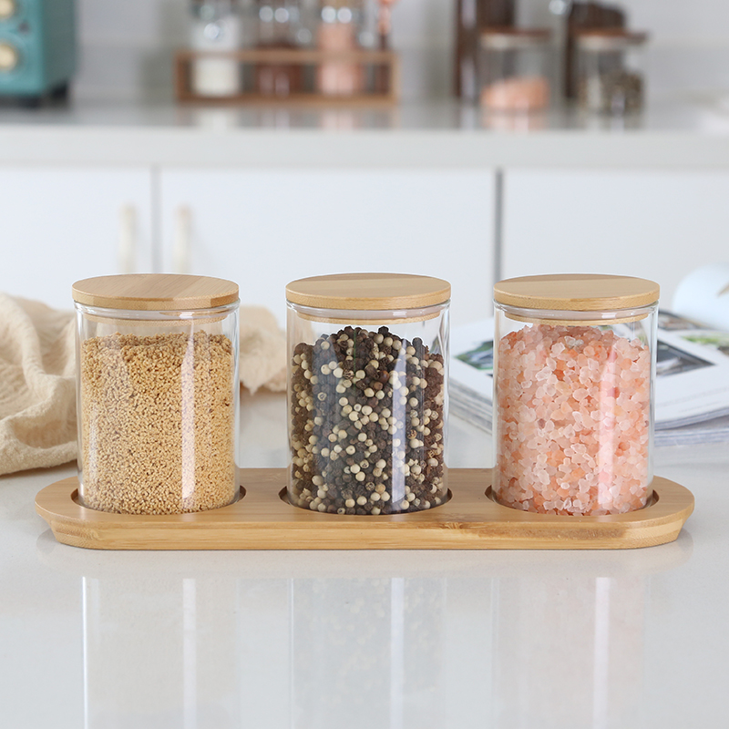 glass seasoning pot with bamboo tray