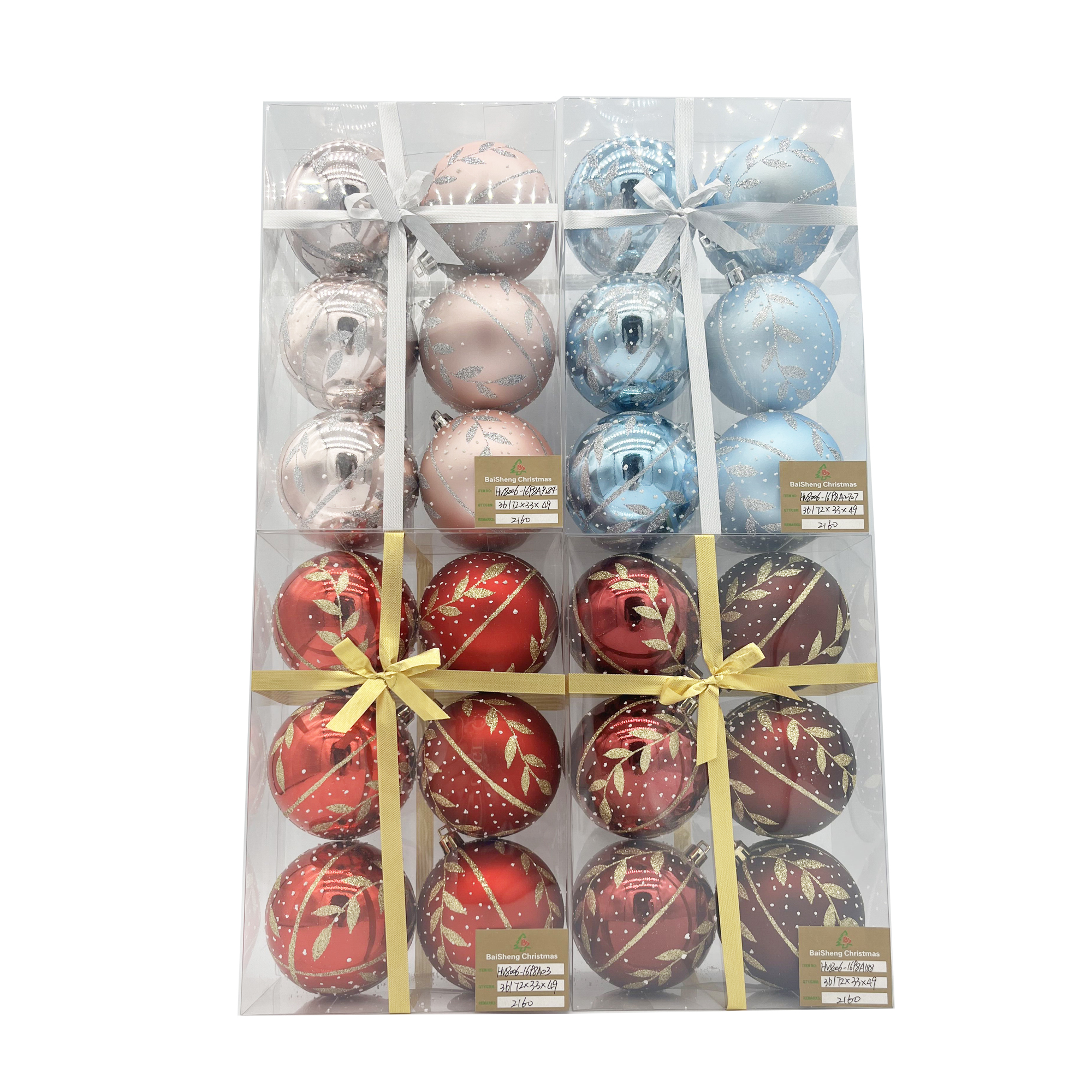 8cm Painted Christmas Balls, 6pcs In PVC Box With Ribbon