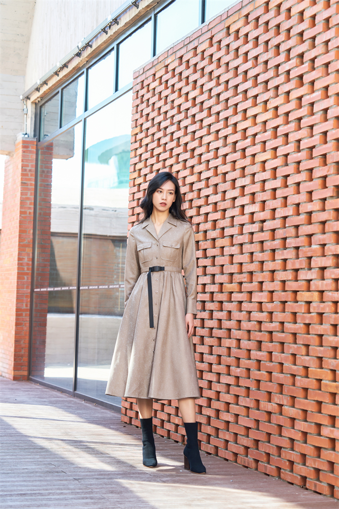 Brown printed waist skirt long sleeve dress