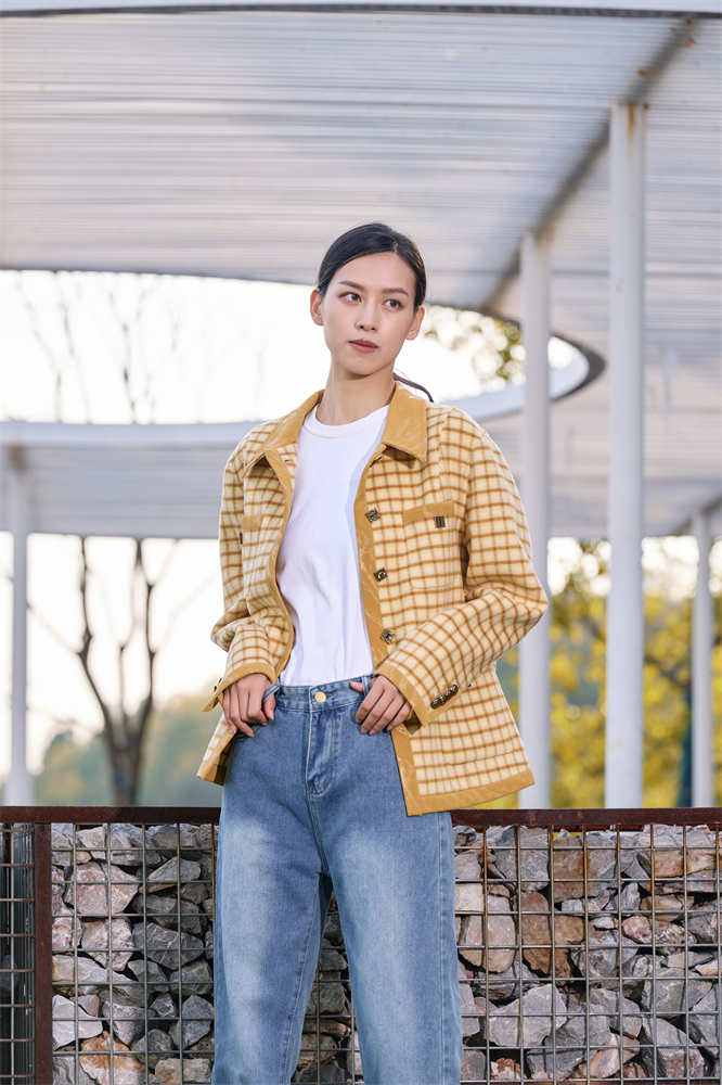 PU stitching ginger plaid woolen coat