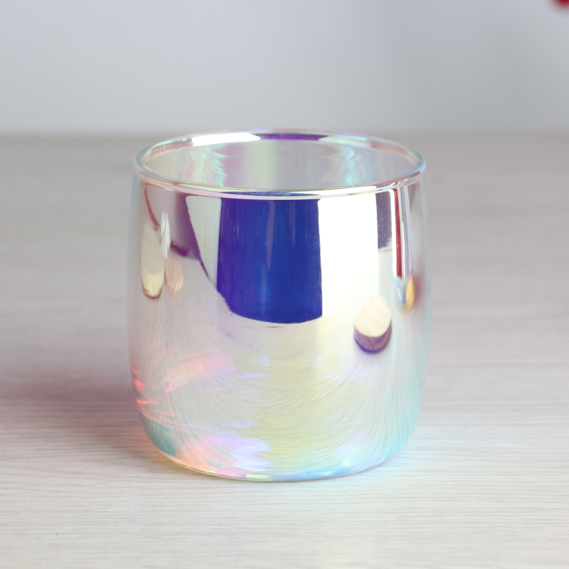 Electroplated iridescent drum-shaped glass candle jar