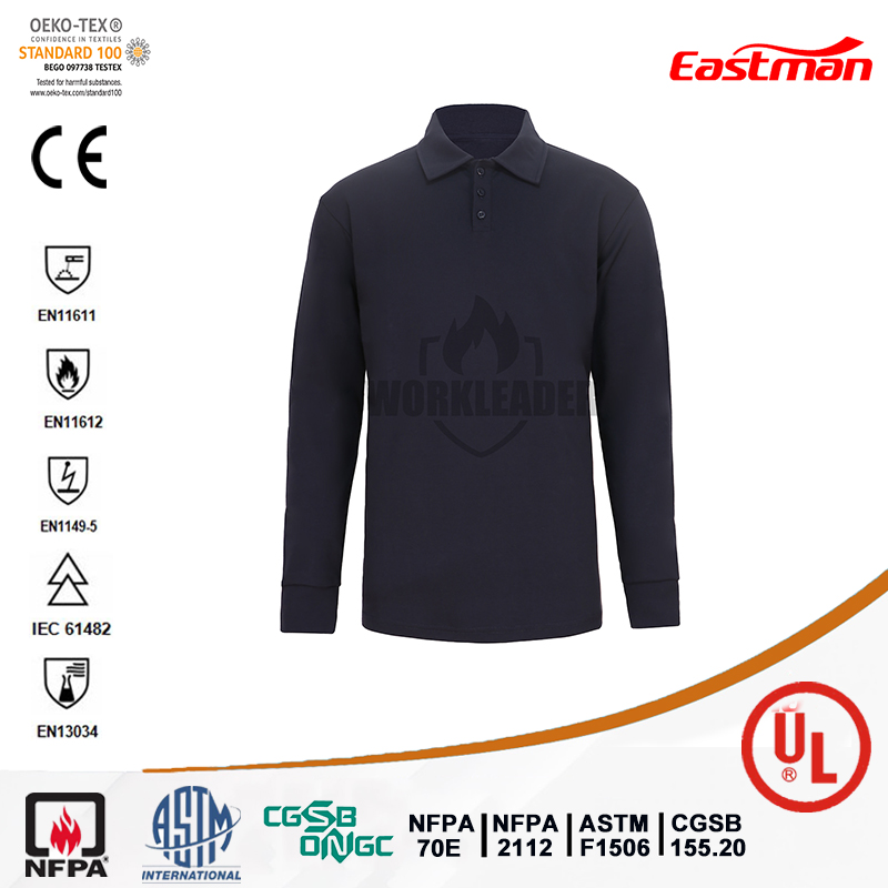 Flame Resistant Navy 100%cotton Long Sleeves Work Knit Henley Polo Shirt