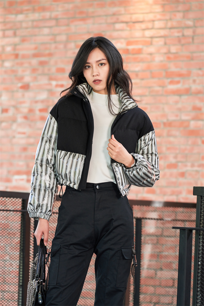 3D reflective fabric color matching ultra short down jacket