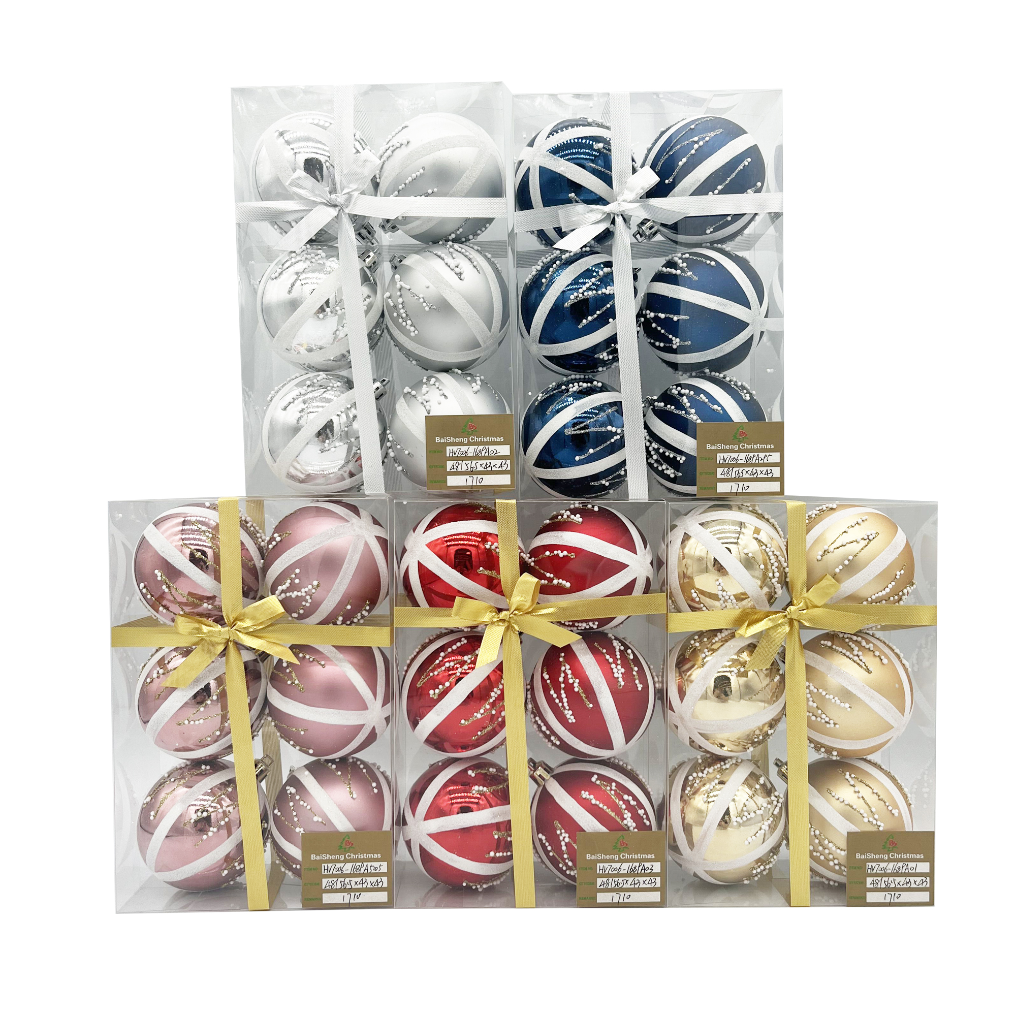 7cm Painted Christmas Balls, 6pcs In PVC Box With Ribbon