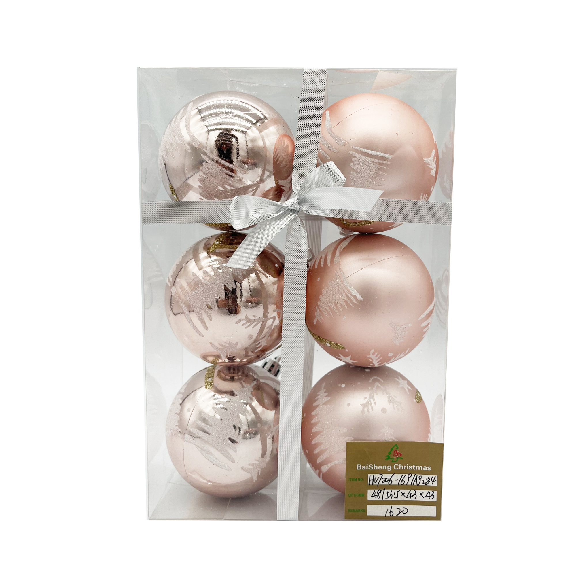 7cm Painted Christmas Balls, 6pcs In PVC Box With Ribbon