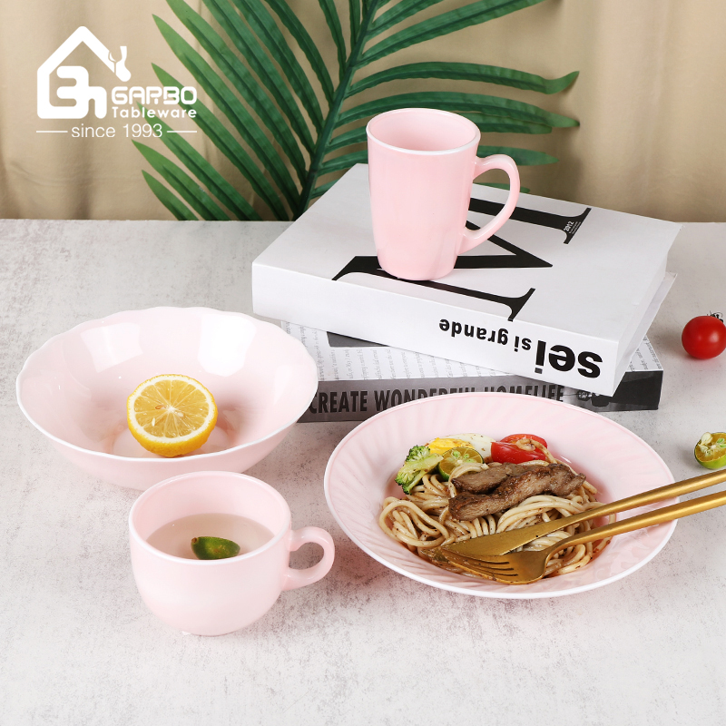 Hot sale 4pcs pink opal glass dinner set elegant mugs bowl plate